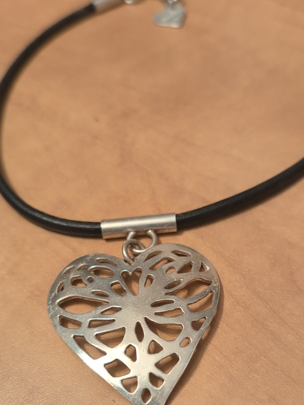 Cutout  Sterling Silver Heart Pendant Necklace with Black Cord